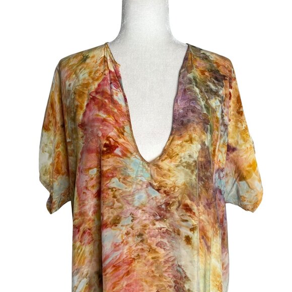 Peri Tie Dye Tunic Dress One Size Boho Caftan V Neck Short Sleeves Pockets - Picture 2 of 7